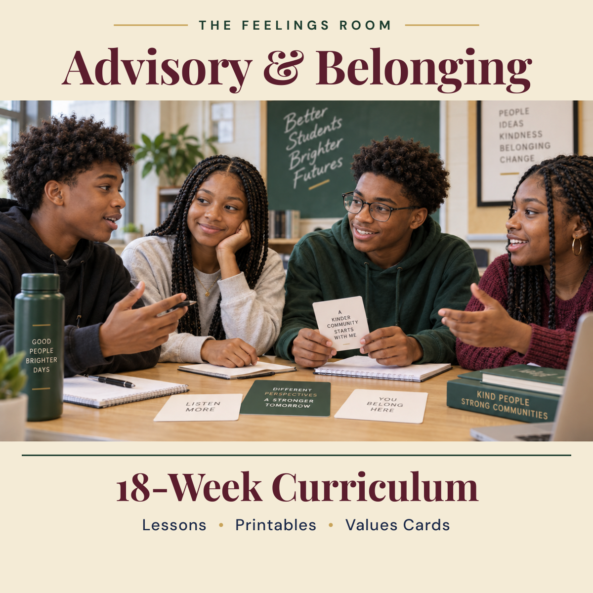 Cover of Advisory and Belonging, an 18-week advisory curriculum for middle and high school from The Feelings Room