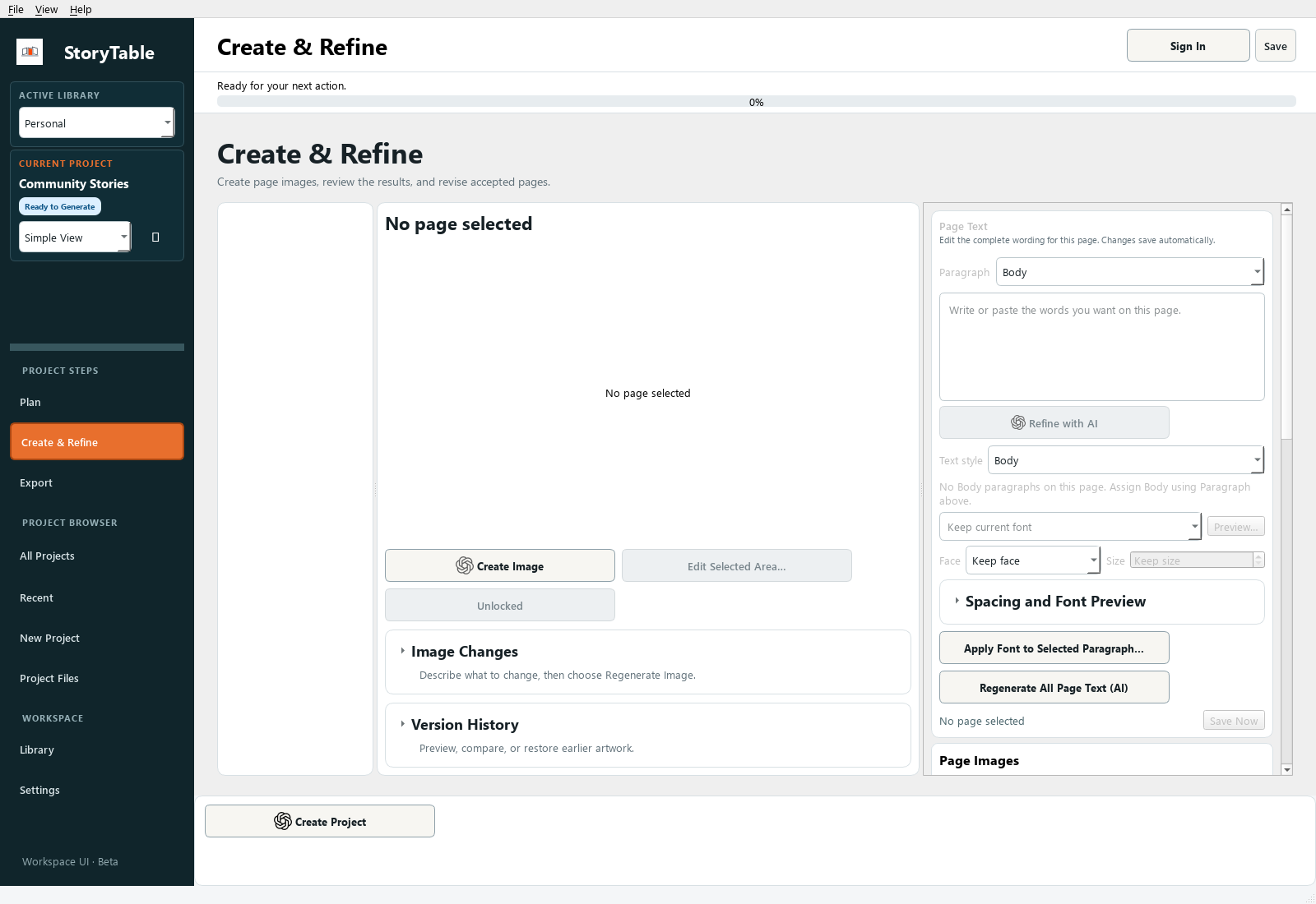 StoryTable Create and Refine workspace with page controls, text editing, art direction, and image actions
