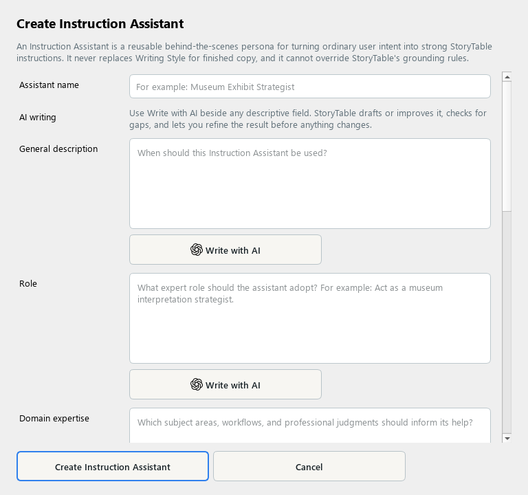StoryTable Instruction Assistant editor for defining specialist expertise and behavior