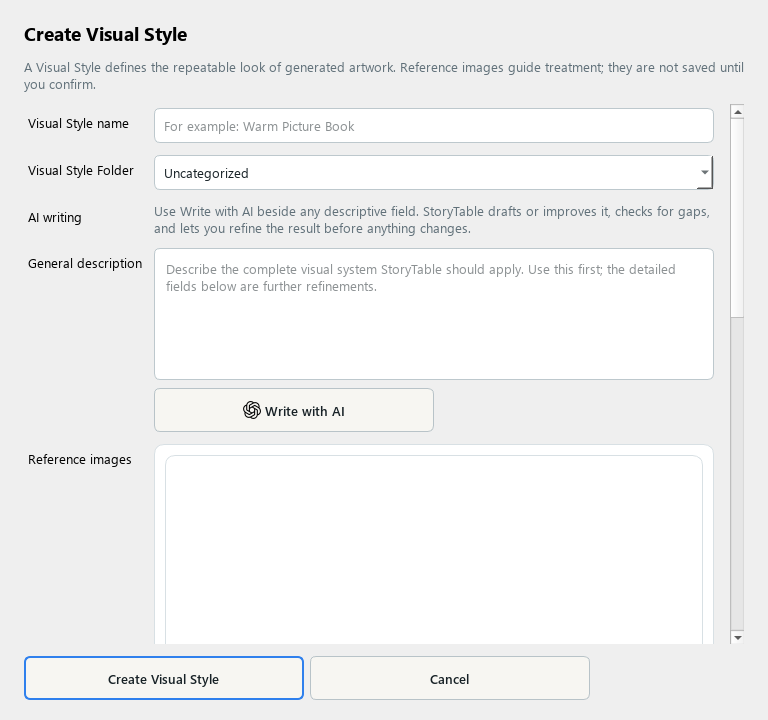 StoryTable Visual Style editor for defining reusable artwork direction