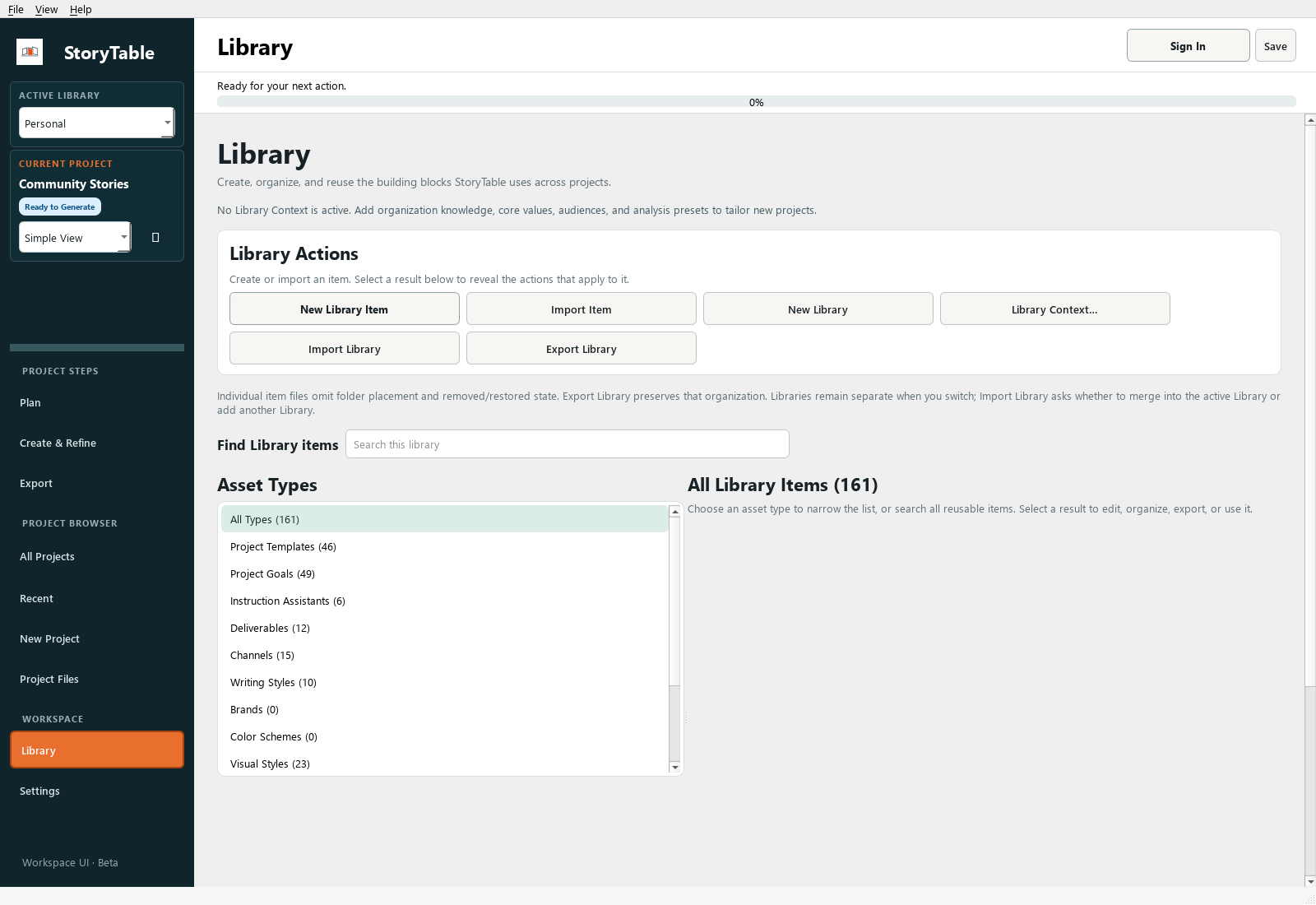StoryTable Library showing reusable asset categories and the Import Item control