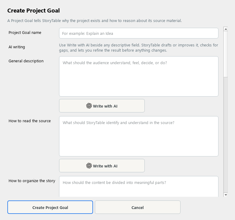 StoryTable Project Goal editor for defining a communication purpose and planning guidance