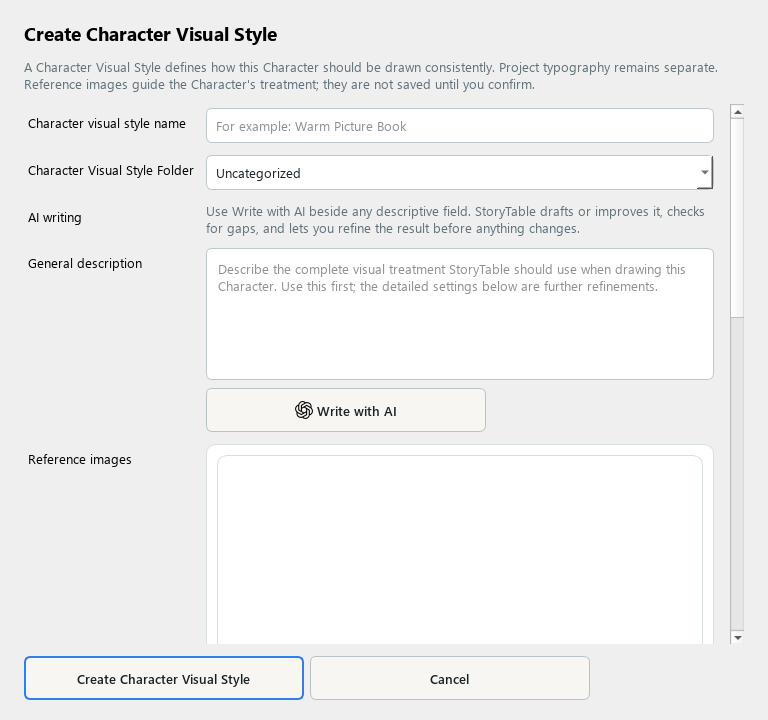 StoryTable Character Visual Style editor for defining a consistent character illustration style