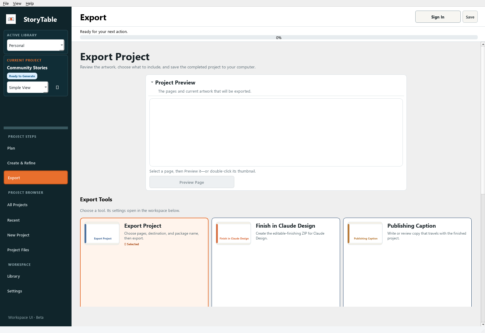 StoryTable Export workspace with project preview, export tools, save location, and package name
