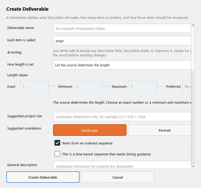 StoryTable Deliverable editor with output structure, length rules, size, and orientation