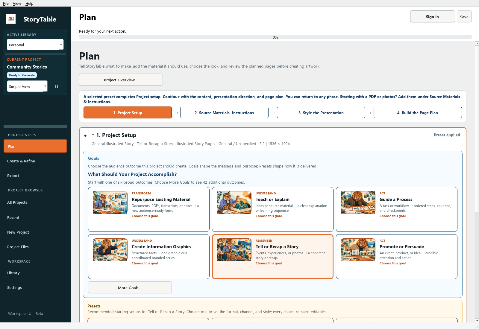 StoryTable Project Setup showing communication goals and preset choices in the Plan workspace