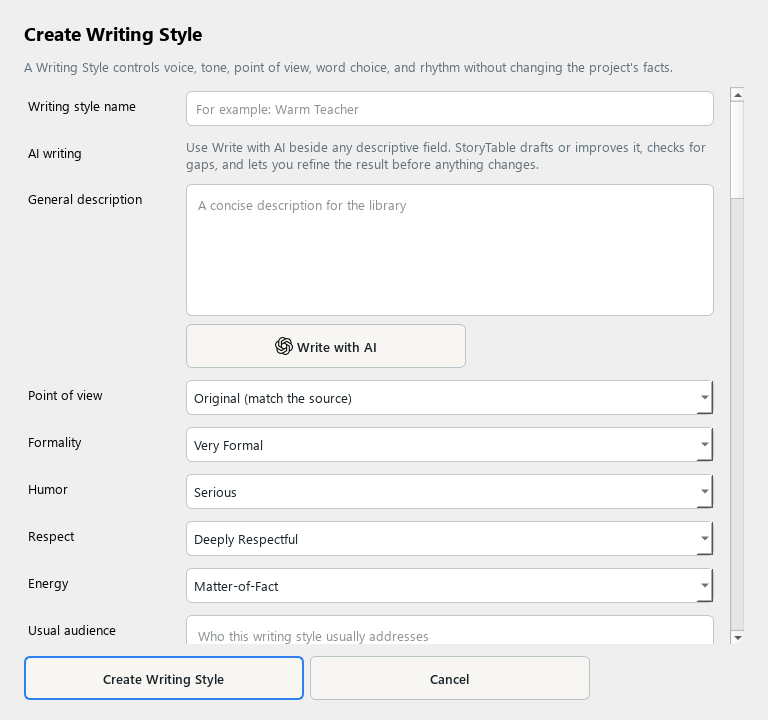 StoryTable Writing Style editor with voice, tone, language guidance, and example text