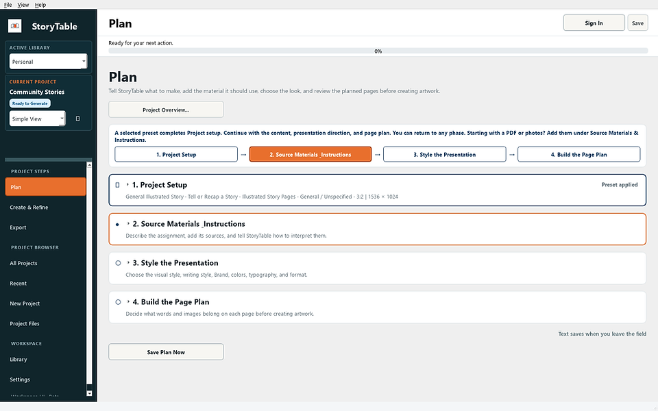StoryTable Plan workspace showing project setup, source materials, presentation style, and page planning