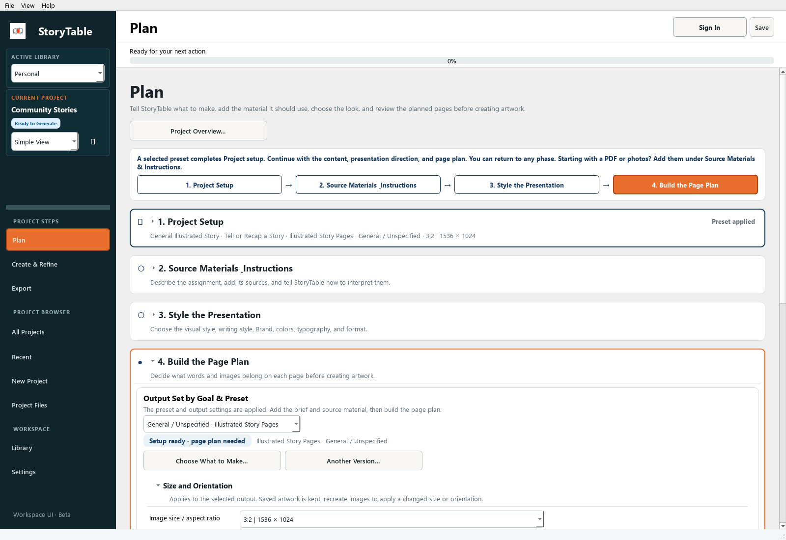 StoryTable Build the Page Plan controls for choosing an output, size, orientation, and page outline