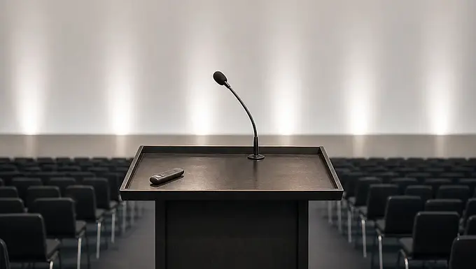 A podium and microphone facing rows of empty auditorium seats