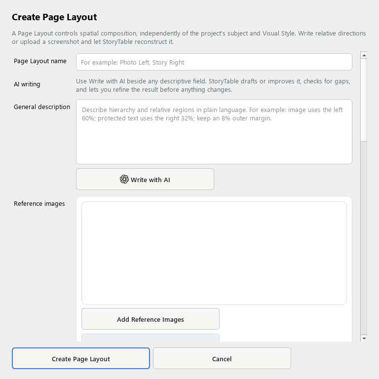 StoryTable Page Layout editor with composition guidance and orientation choices