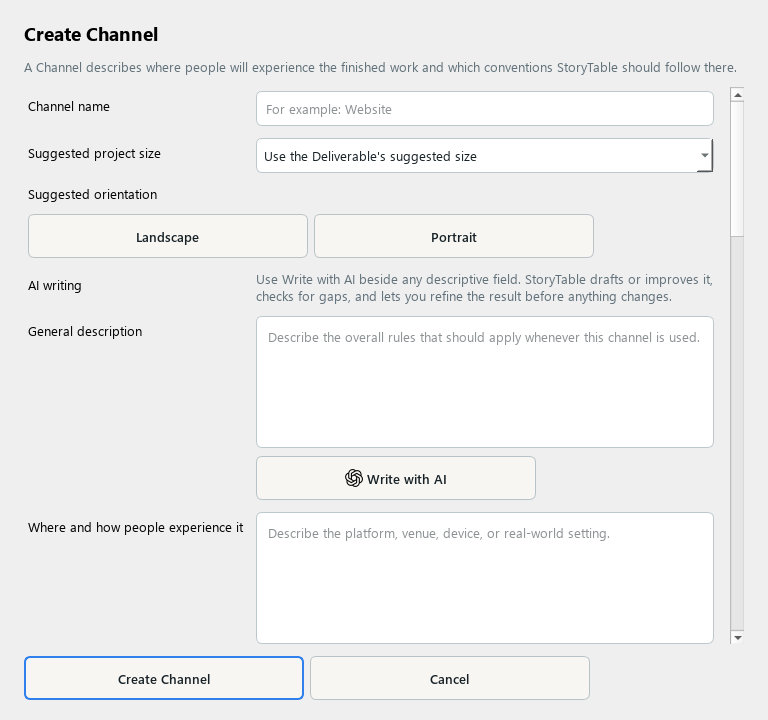 StoryTable Channel editor for defining viewing context, layout constraints, and distribution guidance