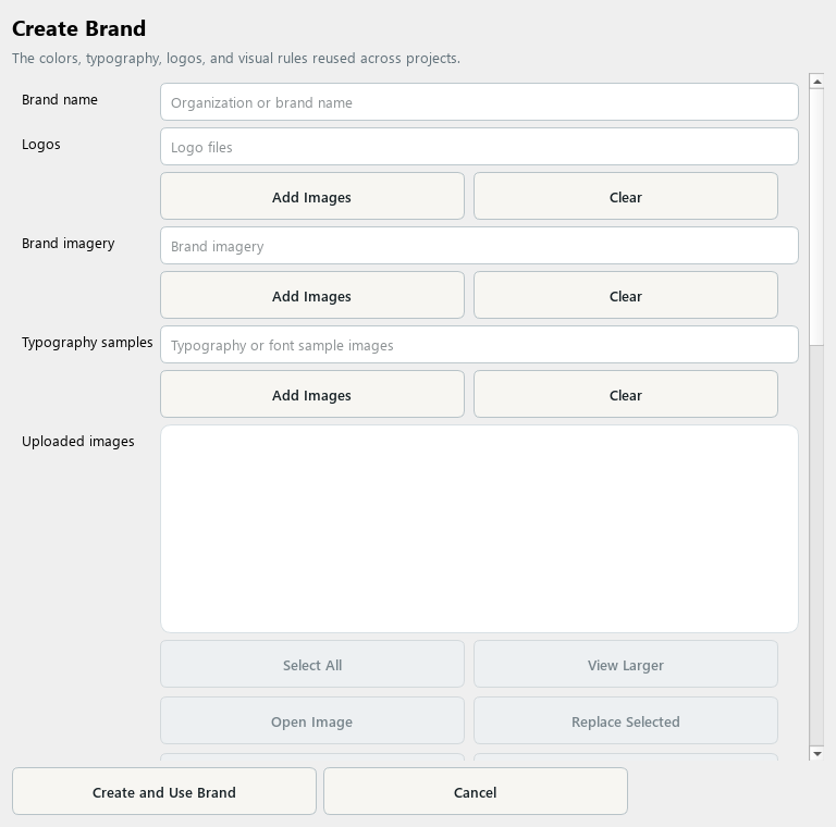 StoryTable Brand editor with identity assets, color palette, and typography settings