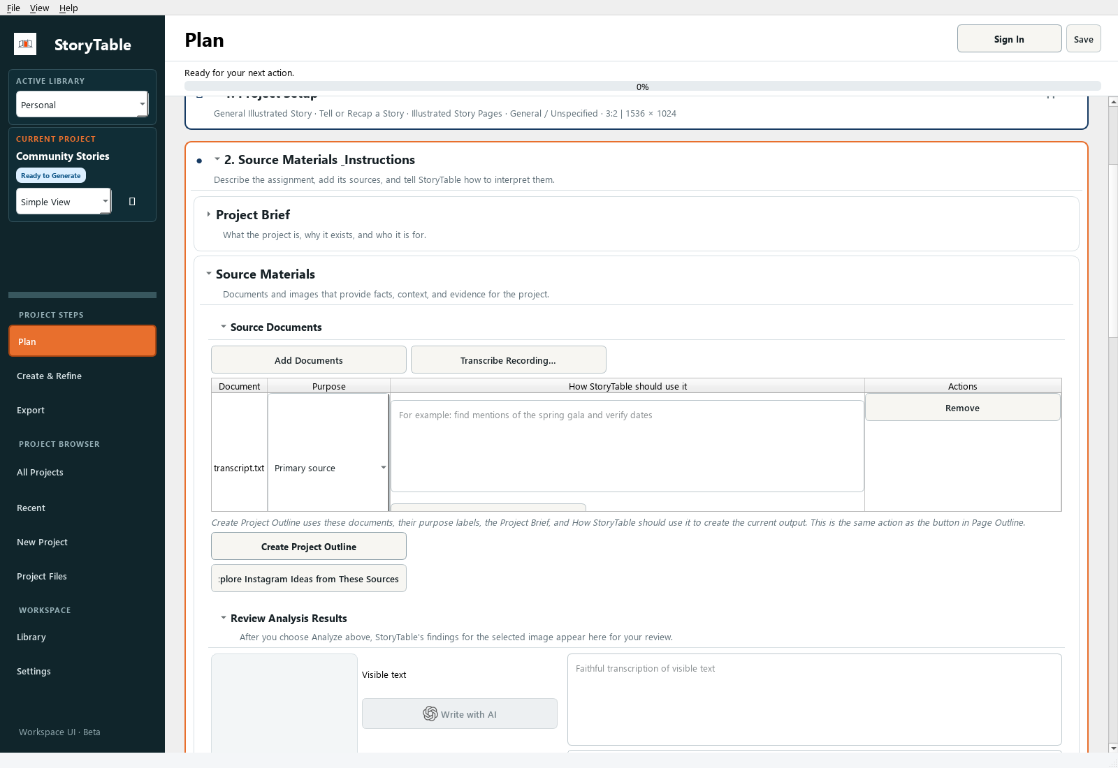 StoryTable Source Materials and Instructions with document roles and guidance for using source content