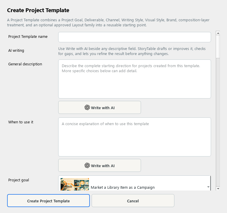 StoryTable Preset editor combining project goals, deliverables, channels, and styles