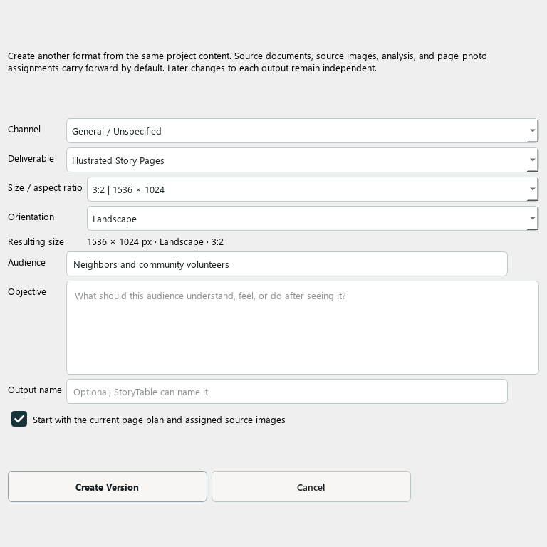 StoryTable Create Another Version dialog for choosing a channel, deliverable, audience, and objective