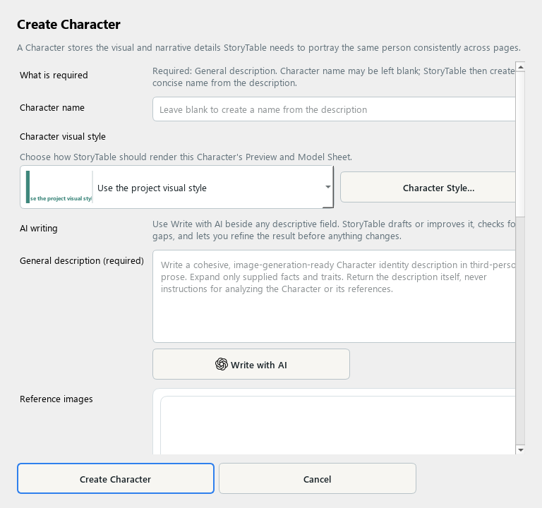 StoryTable Character editor for saving a reusable character and its visual references