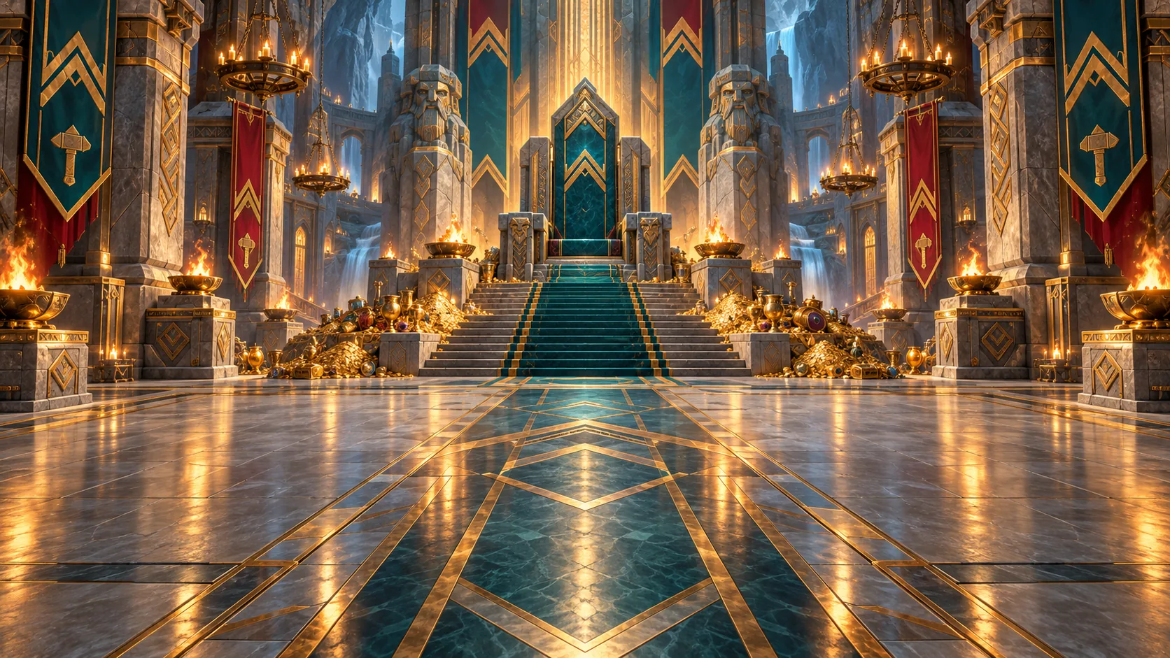 The Great Hall of Stoneheart, its throne raised above heaps of gold