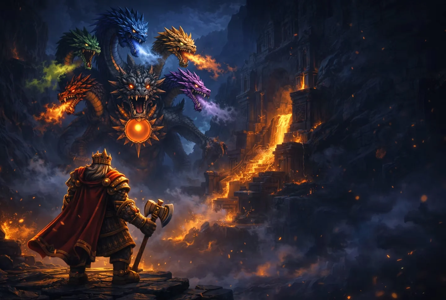 King Haldor stands alone before Vorrax, the many-headed hydra