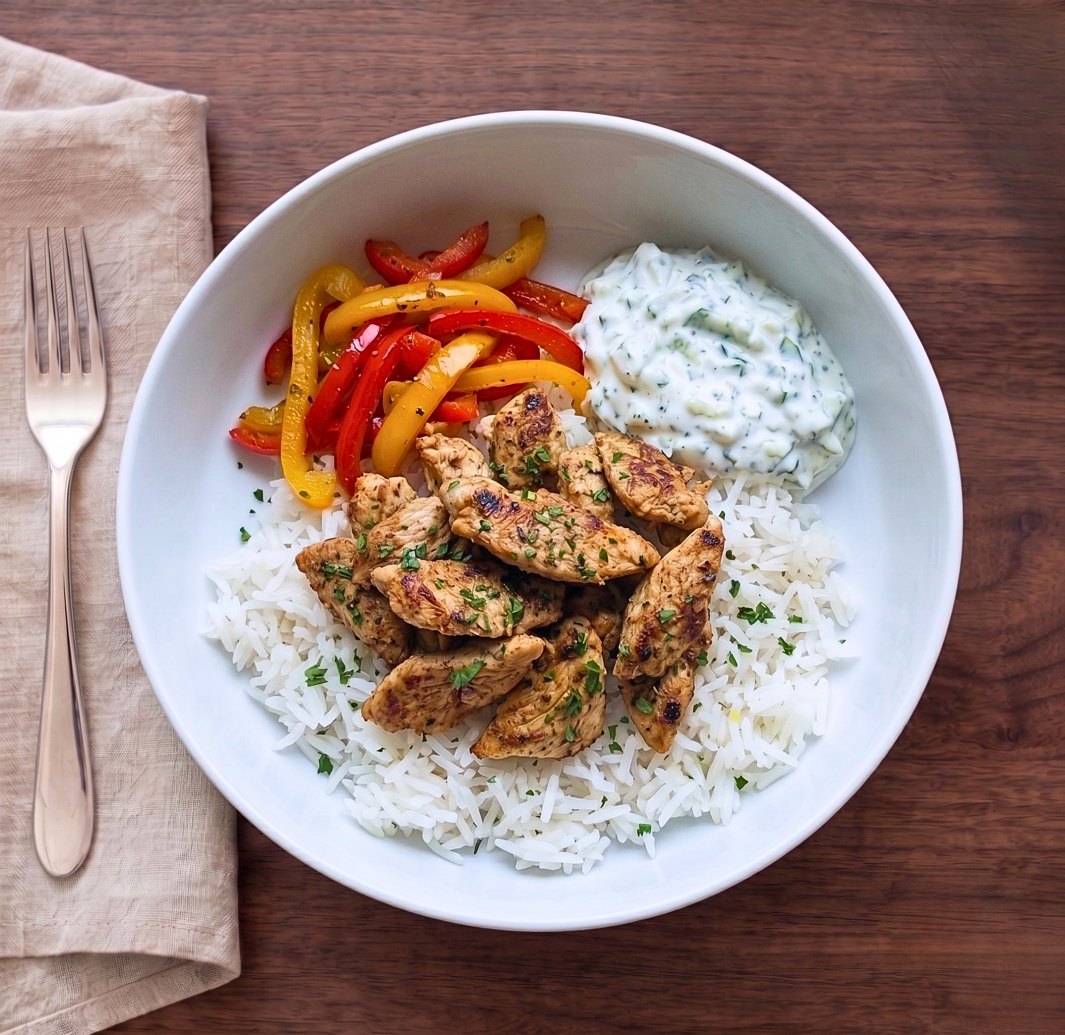 Poulet Gyros mit Reis, Gemüse und Tzaziki