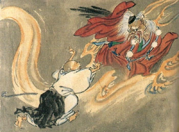 Tengu being chased by a man. 