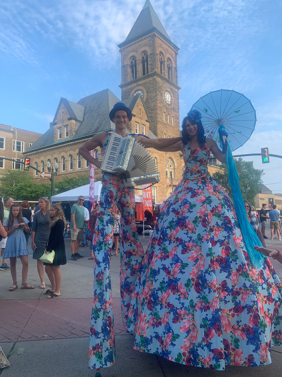 Blue Floral Duo Stilt walker and accordion player
