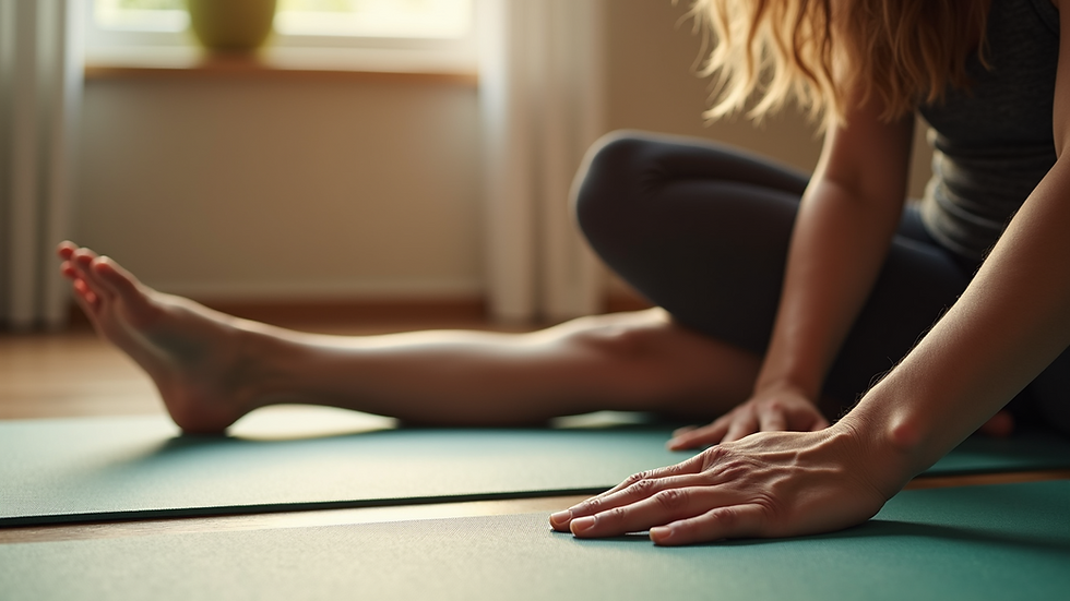 Close-up view of a person performing a dynamic stretch on a yoga mat