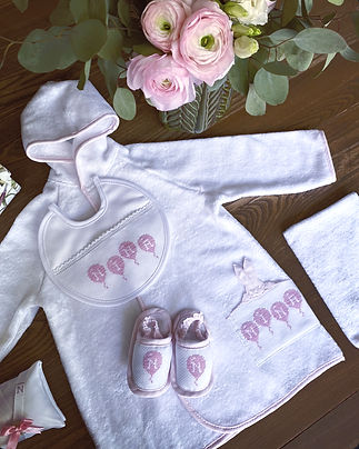 Baby robe, bib, and slippers set with pink accents, BABYKITBOX LATEST