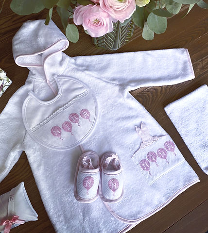 Baby robe, bib, and slippers set with pink accents, BABYKITBOX LATEST