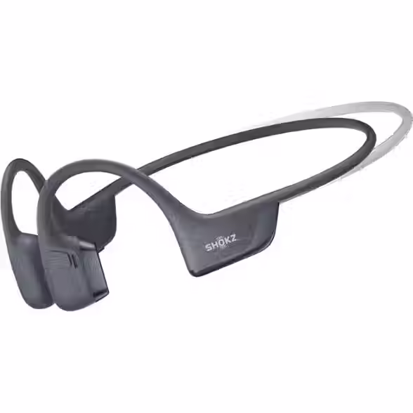 Product image of Shokz OpenRun Pro 2 Mini bone conduction headphones in black. Lightweight, wraparound design designed for all-day comfort, open-ear fit, and high-quality calls—ideal for remote work, workouts, and outdoor use.