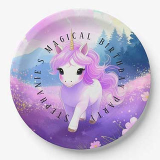 Unicorn birthday party paper plate with pastel background and illustrated unicorn design