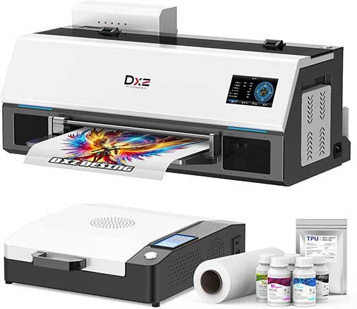 Desktop DTF printer bundle with transfer film, ink bottles, and colorful custom T shirt print in progress