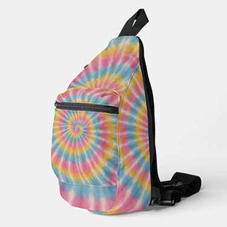 Retro tie dye sling backpack with pastel spiral pattern and front zipper pocket