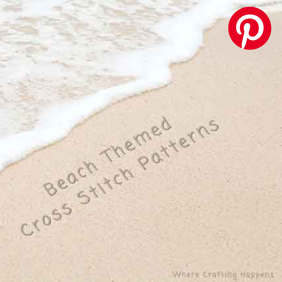 Beach sand and waves with text reading Beach Themed Cross Stitch Patterns and Where Crafting Happens.