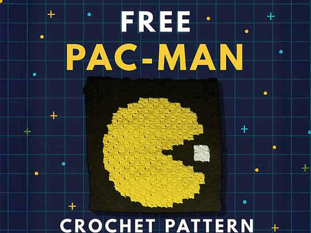Free Pac-Man crochet pattern graphic: yellow Pac-Man C2C panel on black, retro grid arcade background.
