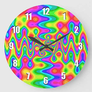 Round wall clock with vibrant rainbow psychedelic waves and flowing abstract pattern.