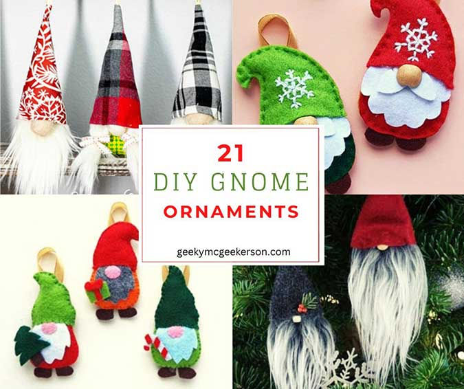 Collage of colorful DIY gnome ornaments, featuring felt, fabric, and no-sew designs perfect for holiday crafting.