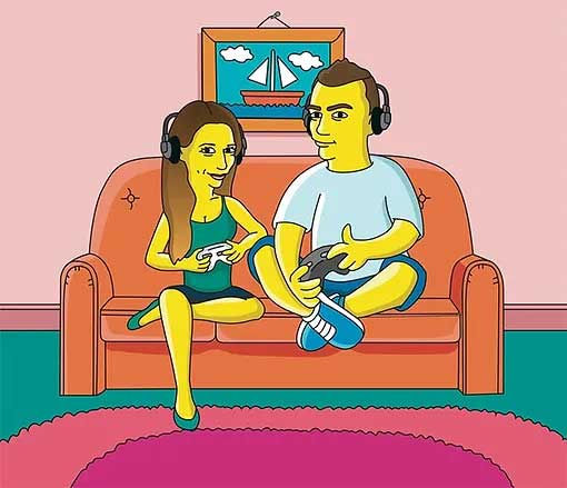 Simpsons style couple gaming on a couch, a fun and creative personalized gift for gamers.