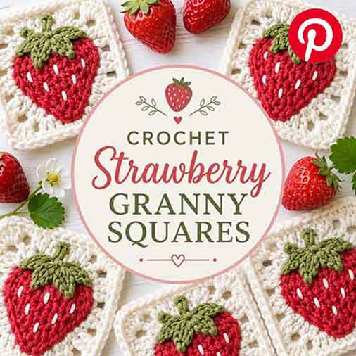 Crochet strawberry granny squares surround a center sign reading Strawberry Granny Squares, with fresh strawberries on a white background.