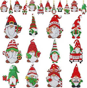 Set of diamond painting DIY gnome ornaments with holiday themes, featuring rhinestones and festive designs for Christmas decor.