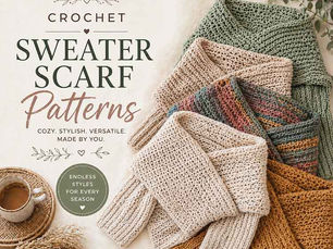 Flat lay of multiple crochet sweater scarves in neutral and earthy tones with textured stitches styled alongside a coffee cup and cozy decor
