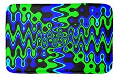 Bath mat with bold blue and green abstract waves in a high-contrast psychedelic design.