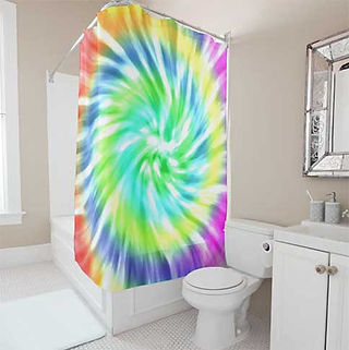 Spiral tie-dye shower curtain featuring blended rainbow colors swirling outward from the center.