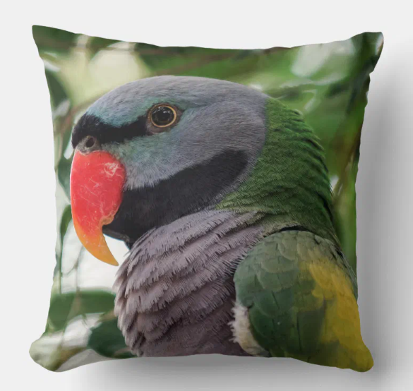Throw pillow featuring a Derbyan parakeet set against soft green foliage.