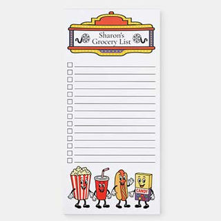 Grocery List Pad with Movie Snack Characters
ALT text:
Grocery list pad with a marquee style header and cartoon popcorn, soda, hot dog, and candy characters at the bottom, with checkboxes and lines for writing.