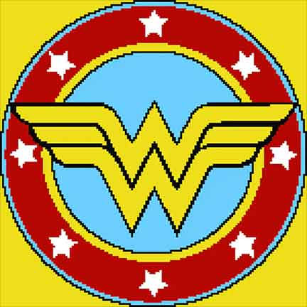 Crochet blanket with Wonder Woman logo in yellow, red, and blue, a bold DC Comics crochet pattern.