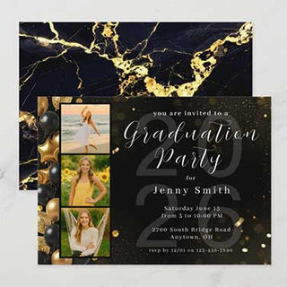 Graduation party invitation with black and gold marble design and photo collage layout