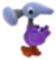 Alice in Wonderand crochet pattern to create an amigurumi hammer bird with a long beak, orange feet, and purple feathers.
