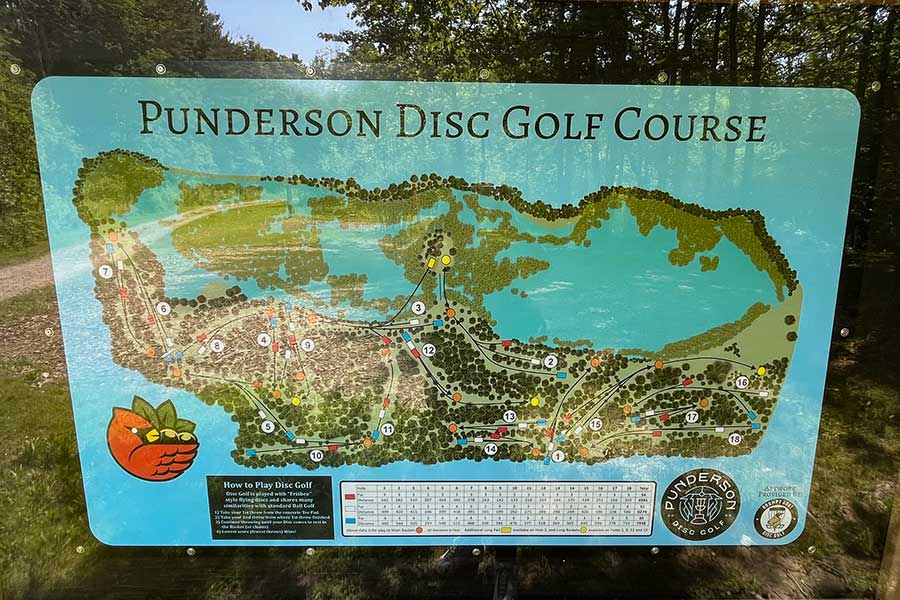 Colorful map of the Punderson Disc Golf Course displayed at Punderson State Park.
