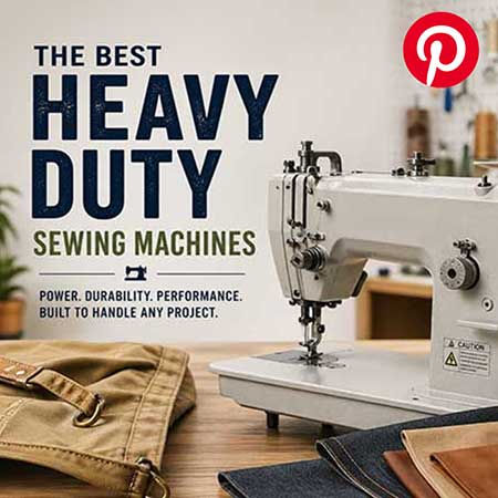 Ad for heavy-duty sewing machines with a white machine on a worktable, fabric pieces, and text: THE BEST HEAVY DUTY SEWING MACHINES.